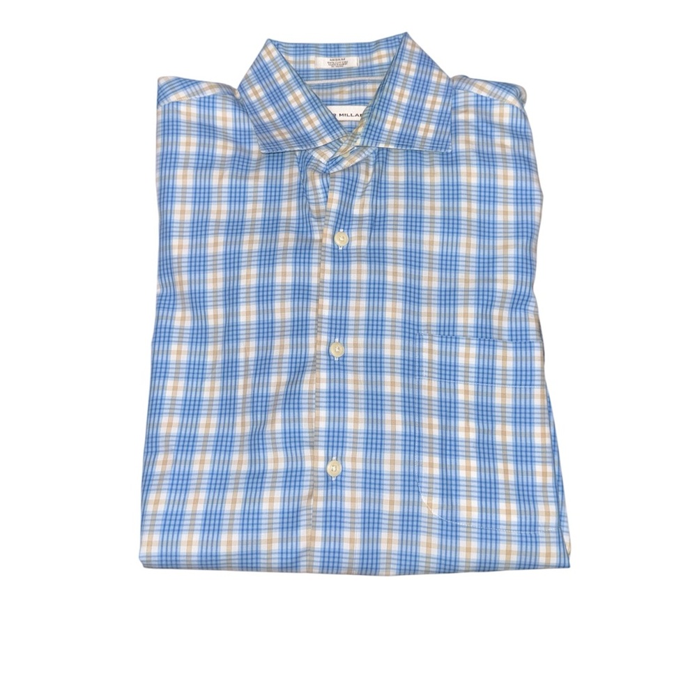 Peter Millar Men’s Sky Blue and Cream Long Sleeve Button-Up Check Shirt Medium